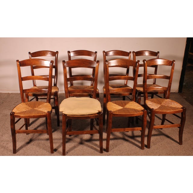 Straw-Seated Cherrywood Chairs, 1970s, Set of 8 For Sale - Image 13 of 13