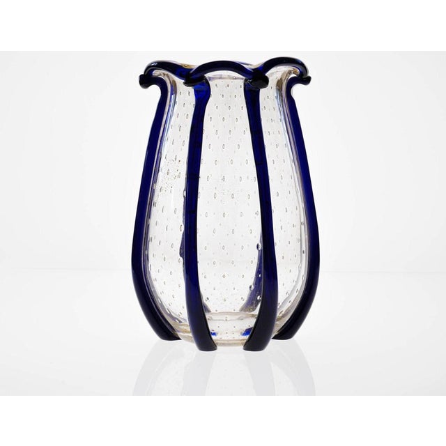 Glass Large Murano Vase with Baloton Bubbles in Gold Leaf and Cobalt Blue Beads, 1960 For Sale - Image 7 of 18