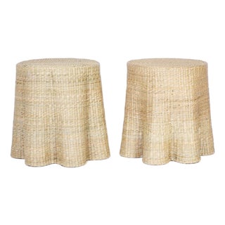 Pair of Round Wicker Drapery Ghost Tables or Stands For Sale