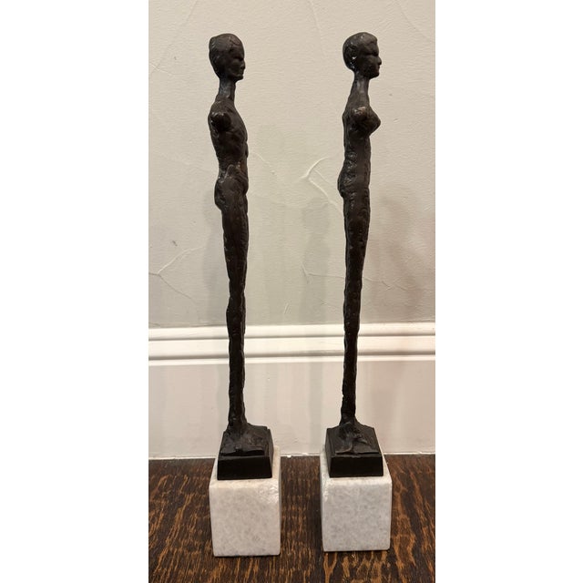 Late 20th Century Pair of Giacometti Style Male & Female Figural Sculptures on Marble Bases For Sale - Image 14 of 17