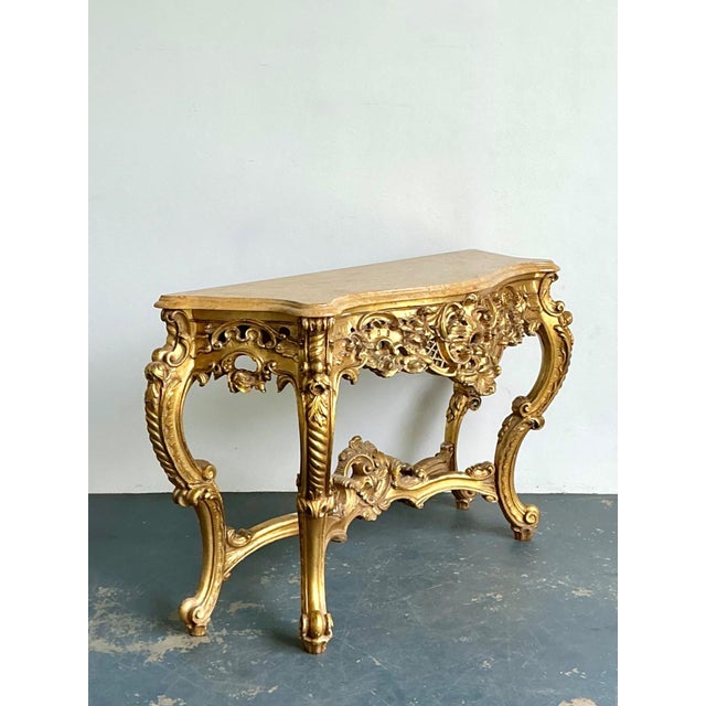 Antique Giltwood Rococo Style Console Marble Top Table For Sale - Image 11 of 18