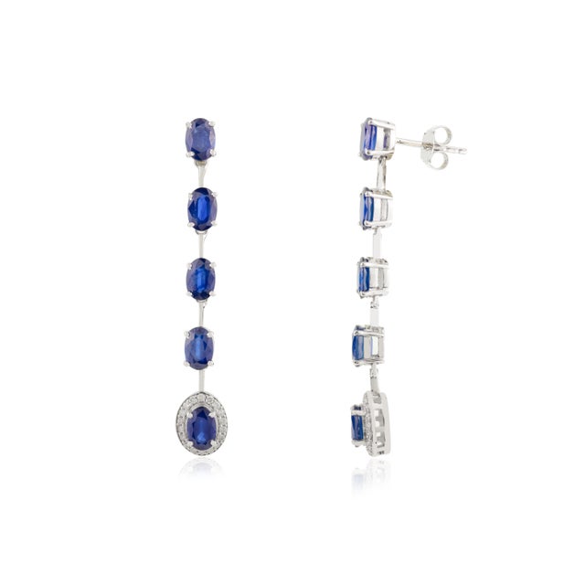 Art Deco Long Dangle Blue Sapphire Statement Earrings in 14k Gold- A Pair For Sale - Image 3 of 9