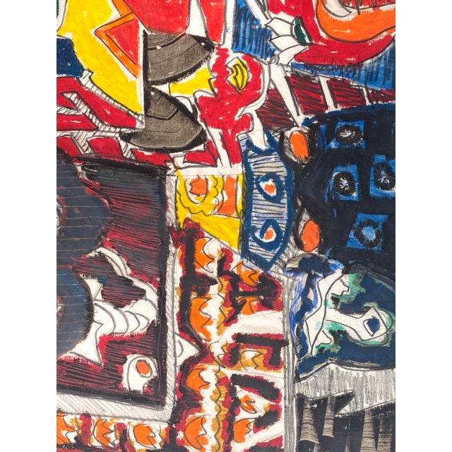 Vintage 1970s Molly Schoff artwork titled “Regal Facades Paraded Finale.” If is Markal on paper and framed under glass.