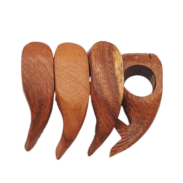 2020s Mid-Century Modern Carved Wood Whale Napkin Rings - Set of 4 For Sale - Image 5 of 5
