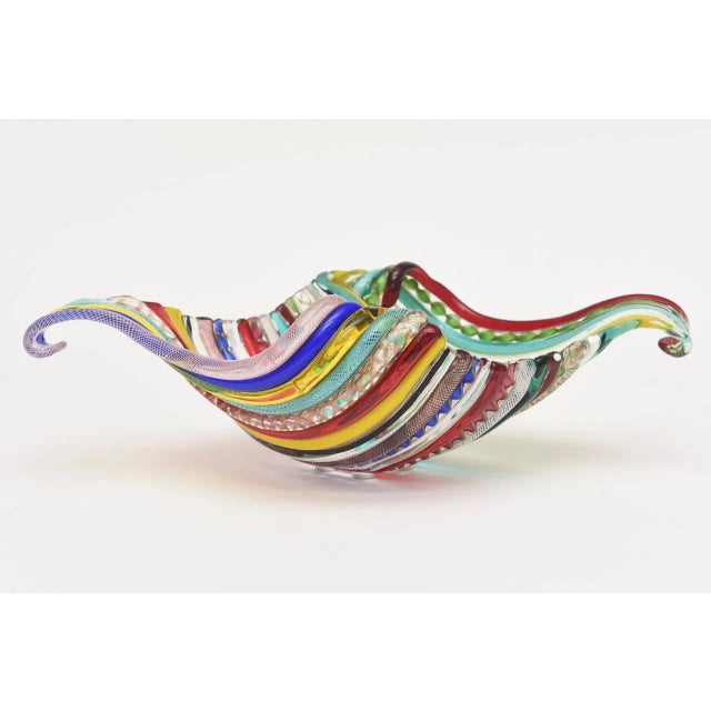 Mid-Century Modern Vintage Murano Galliano Ferro Fused Cane Latticino Multicolored Glass Bowl For Sale - Image 3 of 10