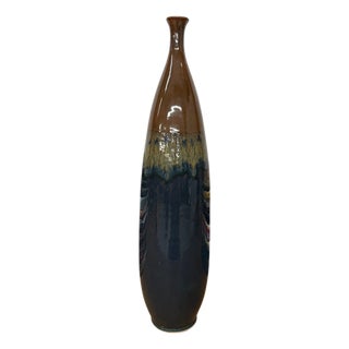 Skinny Brown and Blue Ceramic Vase with Narrow Neck For Sale