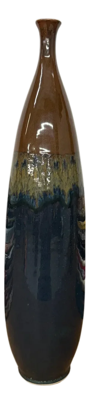Skinny Brown and Blue Ceramic Vase with Narrow Neck