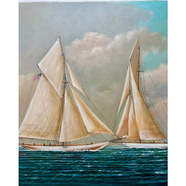 Schooner Yacht Racing Sailing Seascape Oil Painting on Canvas, Unstretched, by D. Tayler For Sale - Image 4 of 7