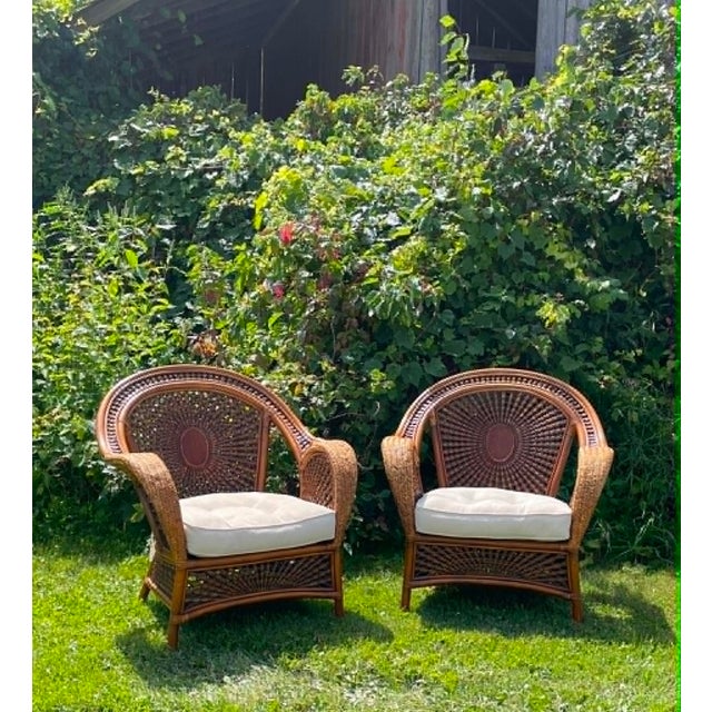 Late 20th Century "Azteca" Woven Rattan Spiderweb Lounge Chairs Featuring Distinctive Sunburst and Web Patterns For Sale - Image 15 of 16