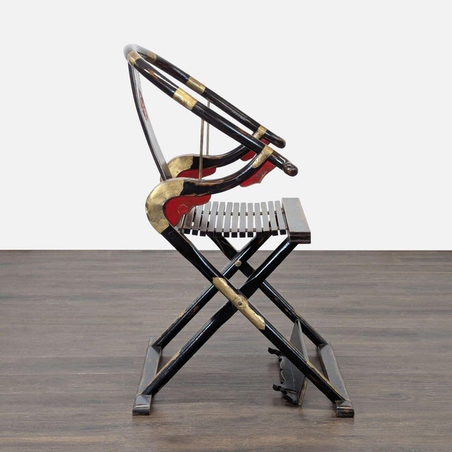 Chinese Folding Horseshoe Prayer Lounge Chair With Red and Gold Accents For Sale - Image 4 of 8