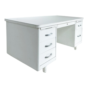 Globe Wernicke Style Mid-Century Modern White Steel Tanker Desk W/ Formica Top