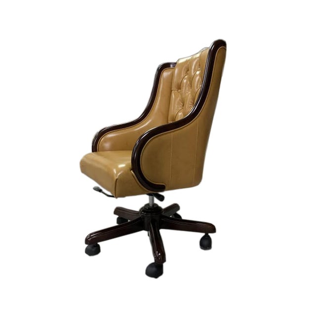 Traditional Traditional Tufted Executive Chair in Beige Faux Leather & Dark Wood For Sale - Image 3 of 3