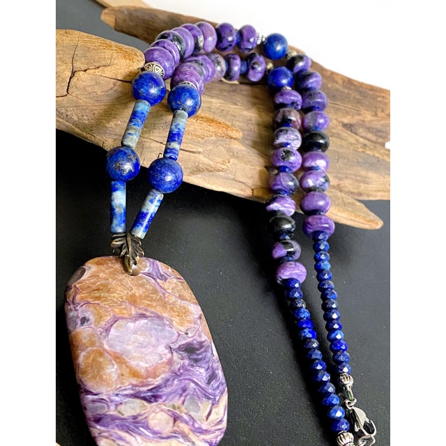 Statement Charoite and Lapis Lazuli Necklace With Sculptural Charoite Pendant a Wearable Work of Art For Sale - Image 11 of 18