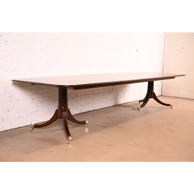 Baker Furniture Company Baker Furniture Stately Homes Georgian Banded Mahogany Double Pedestal Extension Dining Table | Newly Refinished For Sale - Image 4 of 14