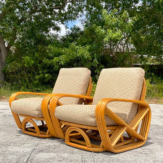 Mid 20th Century Vintage Coastal Four Strand Bent Rattan Lounge Chairs After Frankl - a Pair For Sale - Image 5 of 10