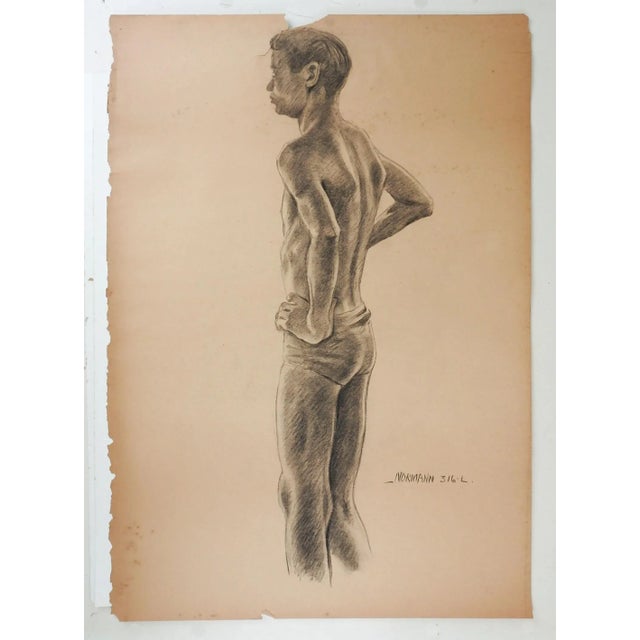 Mid-Century Modern Vintage 1950s Charles Normann Male Charcoal Drawing For Sale - Image 3 of 5