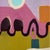 Three tall panels in pink, olive, aqua, plum and cream are linked by winding white ribbons and dotted with spoon-like...