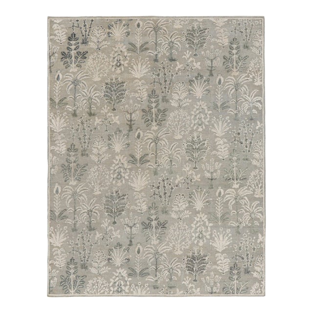 Rug & Kilim’s Modern Block Print Rug in Silver-Gray & Teal with Floral Patterns - 12x15 For Sale