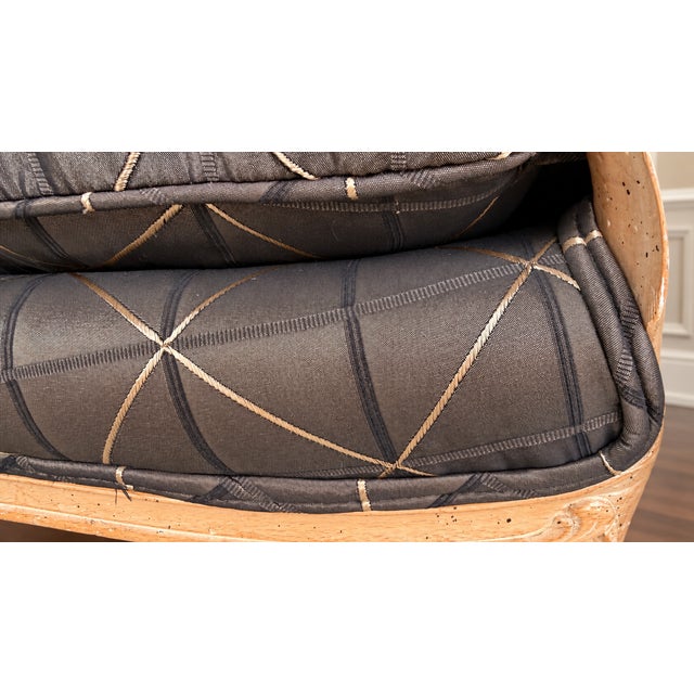 Vintage Louis XV Style Carved Wood Bergère Chair in Black & Cream Geometric Fabric For Sale - Image 15 of 16