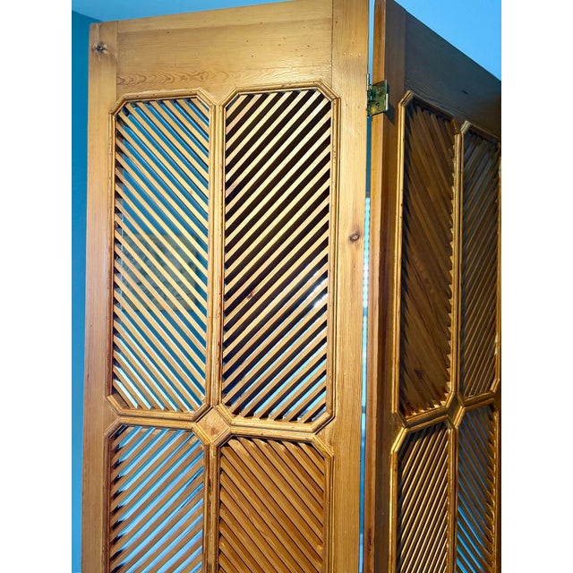 Chestnut Mid-Century Modern 1977 Chapman Vintage Wooden Louvered Folding Screen | Three-Panel Room Divider For Sale - Image 8 of 11
