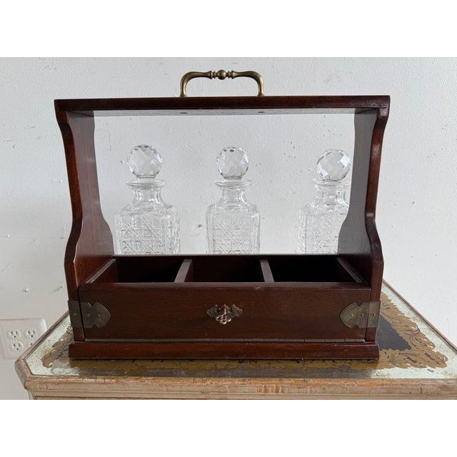 Victorian Tantalus Decanter Set: Crystal, Oak & Brass Hardware For Sale - Image 4 of 18