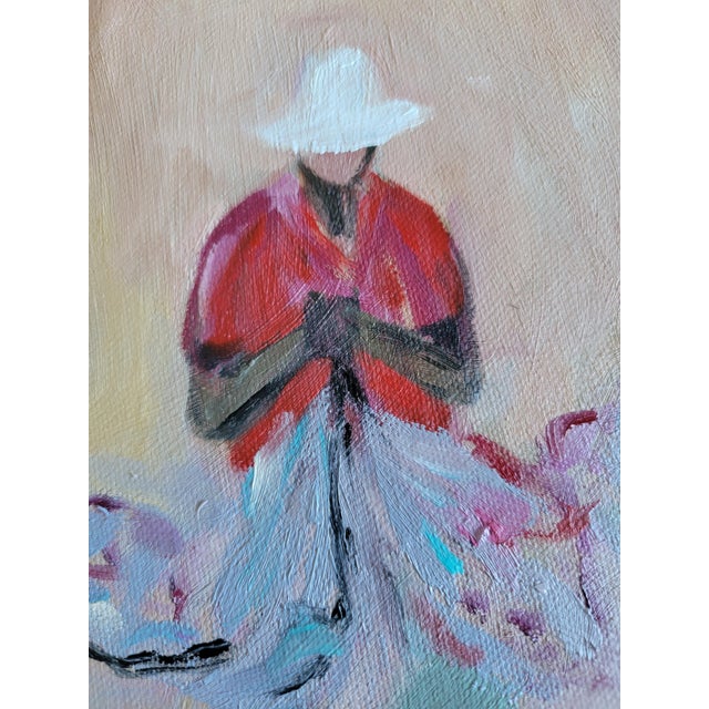 A striking seaside painting layered in rich, thick hues of green, turquoise, blue, red, purple, magenta and orange;...