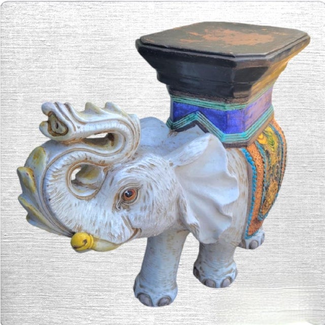 Vintage Huge Italian Terracotta Trunk Up Colorful Hollywood Regency Elephant Garden Stool For Sale In West Palm - Image 6 of 9