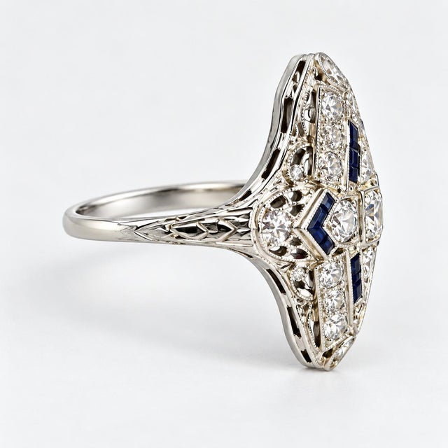 Mid 20th Century Vintage 14k White Gold Old European Cut Diamond & Sapphire Ring, Size 4 For Sale - Image 5 of 7