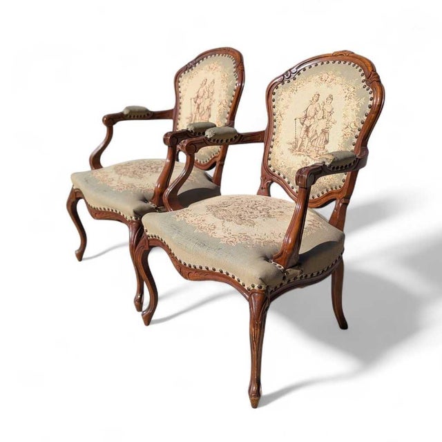 Wood Pair of Early 20th Century Louis XV-Style Carved Wood Armchairs With Tapestry Upholstery For Sale - Image 7 of 14