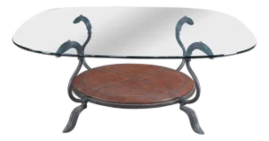 1990s La Barge Tooled Leather Iron & Polished Glass Tiered Coffee Cocktail Table