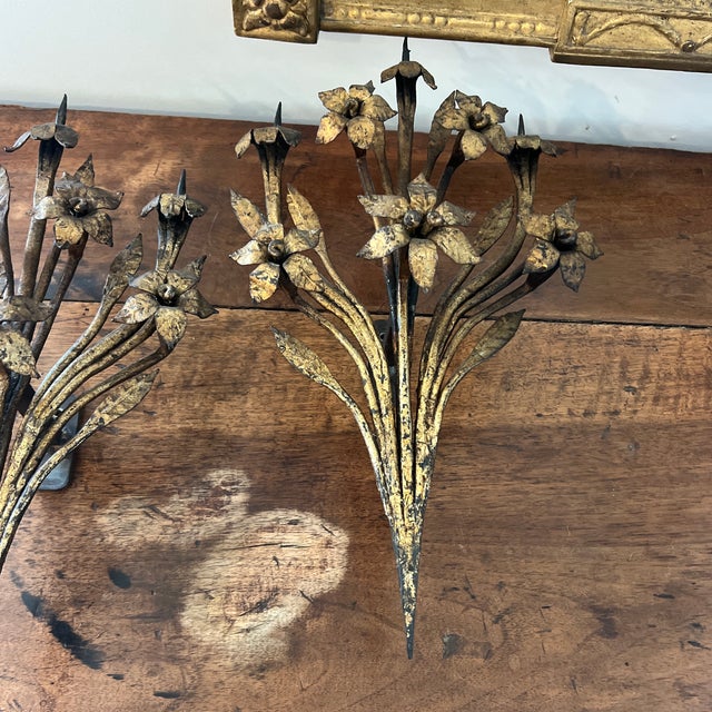 Antique Cold Gilded Candle Prick Floral Wall Sconces- A Pair For Sale - Image 11 of 11