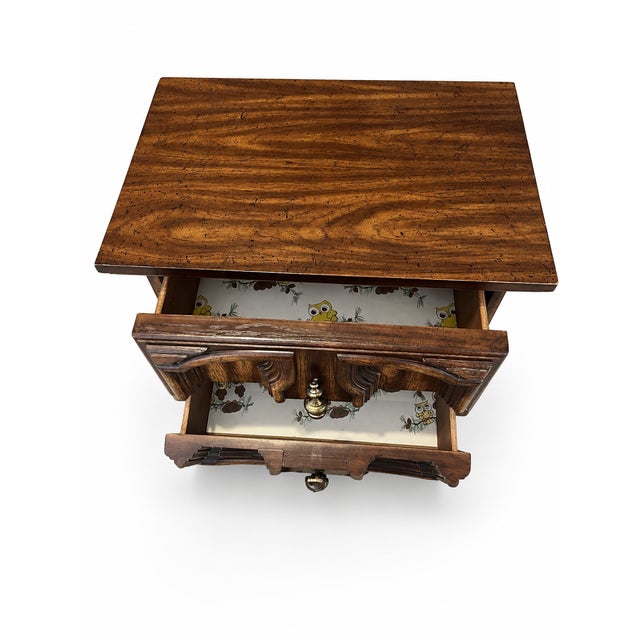 1970s 1970s Spanish Mediterranean Revival Carved Pecan Two-Drawer Nightstand For Sale - Image 5 of 6