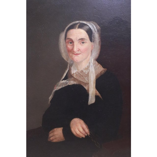 American Early 19th Century American Folk Art School Portrait of a Lady Holding Glasses For Sale - Image 3 of 5