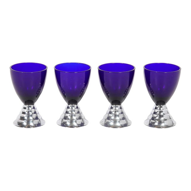 1930s Art Deco Skyscraper Style "Blue Moon" Cocktail Glasses in Chrome by Chase For Sale