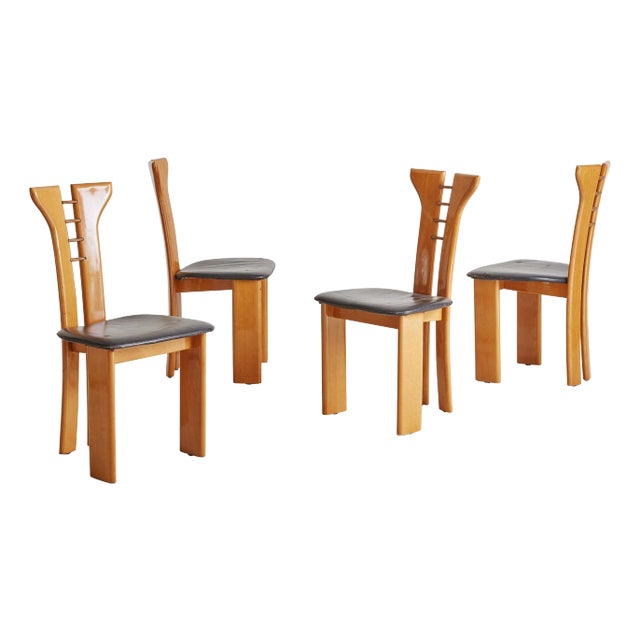 Set of 4 Wood + Black Leather Dining Chairs Attributed to Pierre Cardin For Sale