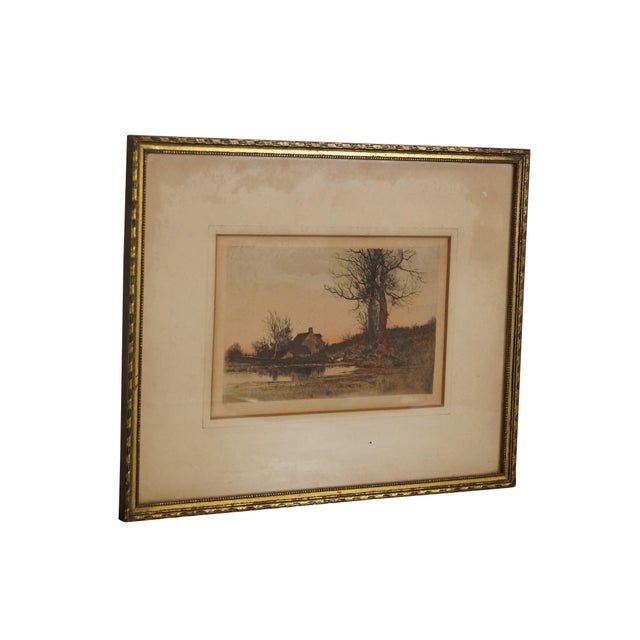 Late 19th century hand colored etching by Edward Loyal Field. Country landscape showing a sheep by a pond and a farmhouse...