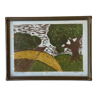 Signed Limited Edition “ Ella Hills” Color Woodblock Print by Egm, 4/10, 1980s Framed Landscape Art. For Sale