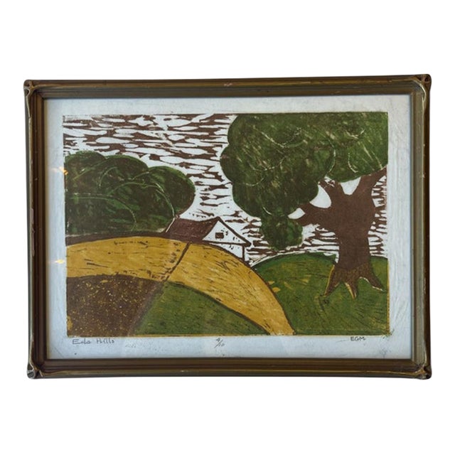 Signed Limited Edition “ Ella Hills” Color Woodblock Print by Egm, 4/10, 1980s Framed Landscape Art. For Sale