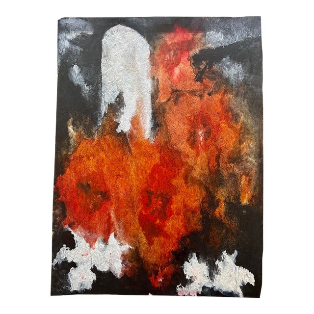 Mid 20th Century Color Saturated Mixed Media Abstract Floral Still Life on Fibrous Hand Made Paper C.1970 For Sale