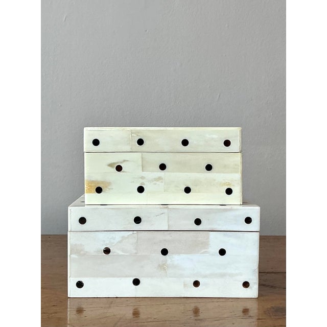Late 20th Century Vintage Boho Polka Dot Tessellated Boho Boxes - Set of 2 For Sale - Image 5 of 8
