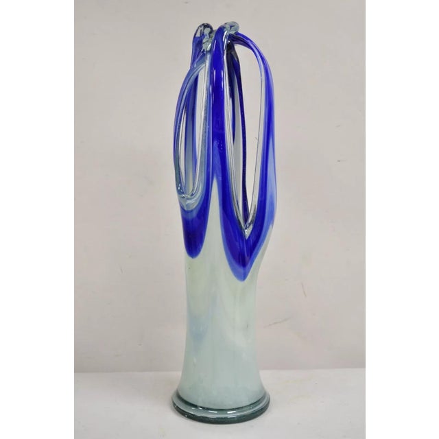 Vintage Murano Italy Style Mid Century Modern Blue Blown Glass Centerpiece Vase For Sale - Image 10 of 10