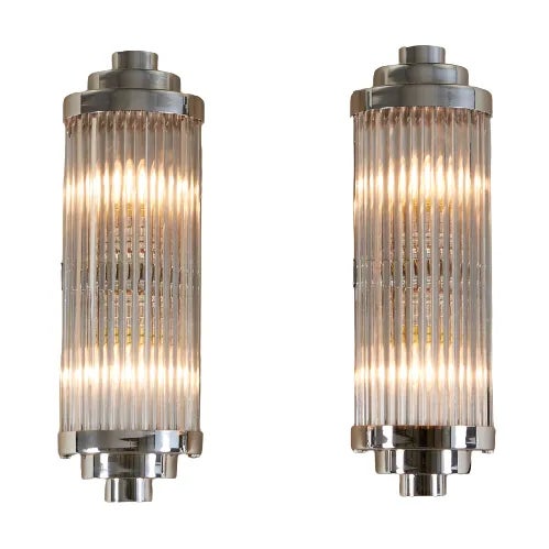 Art Deco 1940s Skyscraper Vintage Art Deco Light Old Lamp Wall Sconces Fixture Nickel Brass & Glass Rod Ship Light - a Pair For Sale - Image 3 of 5