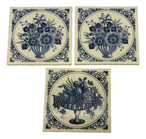 Mid 20th Century Delft Schoonhoven Keramiek Holland Blue and White Floral Tile Trivets - Set of 3
