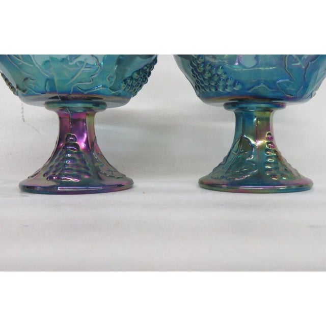 1970s Indiana Carnival Glass Harvest Grape Blue Iridescent Candle Holders a Pair For Sale - Image 5 of 12