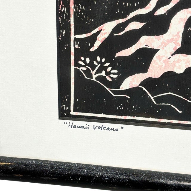 Contemporary Mid-Century "Hawaii Volcano" Woodblock Print by M. Van Dorn in Black Frame For Sale - Image 3 of 6