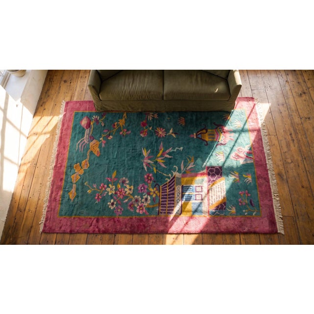 1920s Green Garden Landscape Antique Chinese Art Deco Carpet 2' 6'' X 4' 5'' Knotted Wool Rug For Sale - Image 13 of 13