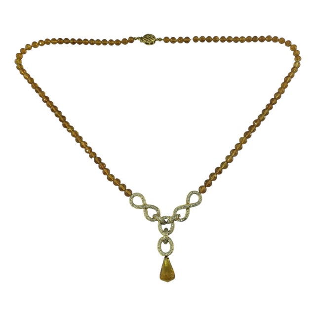 Mid 20th Century 18 Karat Yellow Gold Citrine and Diamond Drop "Y" Necklace For Sale