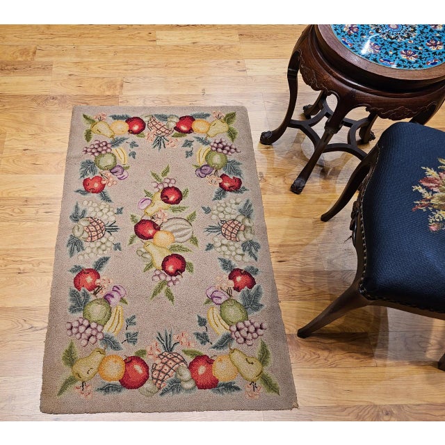 Vintage American Hand Hooked Rug, Fruit Pattern Design, Folk Art Tapestry, 2x4 For Sale - Image 12 of 13