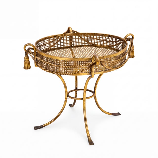 1960s Large Scale Italian Hollywood Regency Gilt Metal Tole & Tassel Planter Plant Stand For Sale - Image 4 of 8