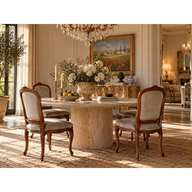 Elegant set of four vintage Italian dining chairs dating to the 1970s, designed in the French Provincial Louis XV style....